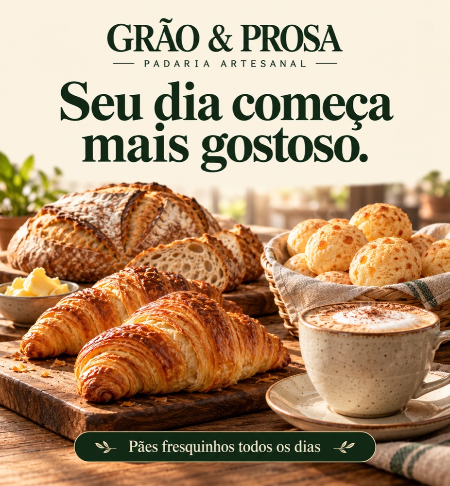 Propaganda GRÃO & PROSA, padaria artesanal: Seu dia começa mais gostoso. Pães fresquinhos todos os dias.