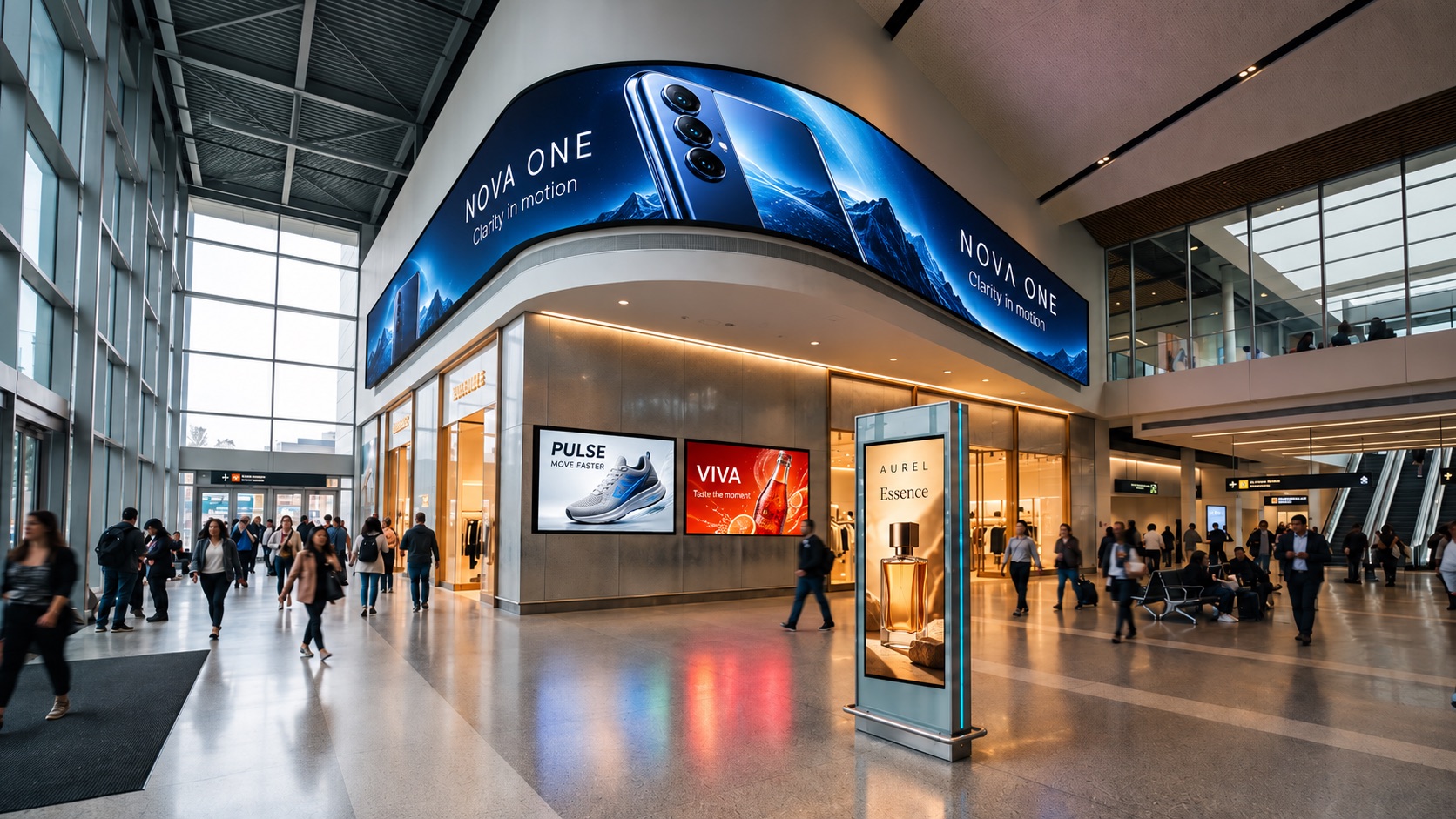 Terminal com painel de LED curvo, telas publicitárias e um totem digital.